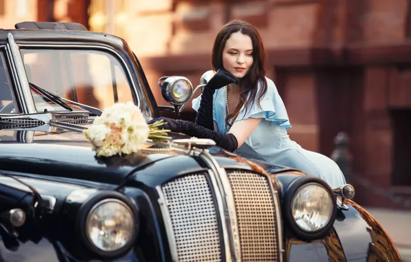 Machine, auto, girl, flowers, pose, style, mood, bouquet