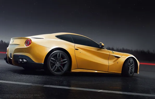 Picture Ferrari, Sun, Rain, Yellow, Road, Berlinetta, F12, Rear