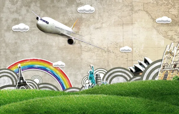 Picture grass, clouds, hills, Eiffel tower, map, rainbow, the plane, Colosseum