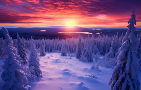 Winter, field, forest, the sky, the sun, clouds, light, snow