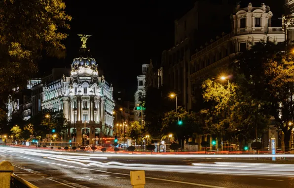 Road, trees, night, lights, street, home, lights, Spain