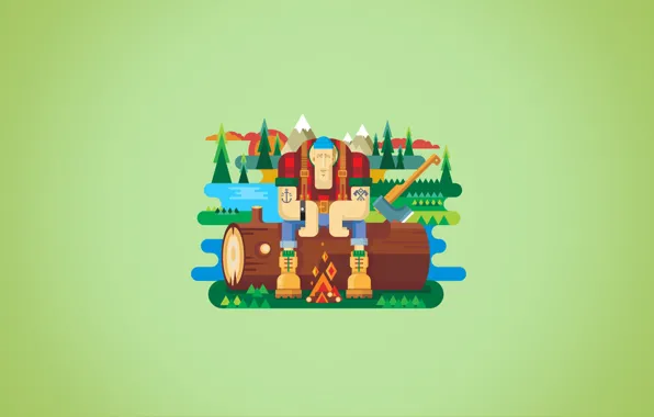 Forest, mountains, lake, river, fire, axe, log, the fire