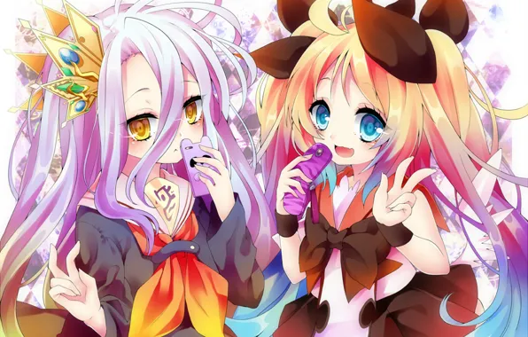 Phone, bow, gesture, long hair, friend, big eyes, sailor, Shiro