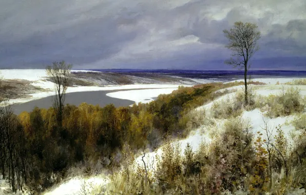 The sky, clouds, river, mood, picture, late autumn, Polenov, early snow