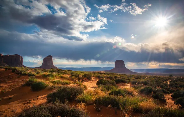 The sun, clouds, landscape, rocks, USA