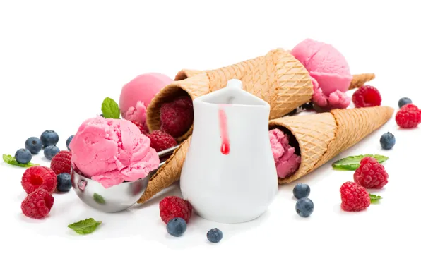 Berries, raspberry, blueberries, ice cream, sweet, wafer, blueberry, raspberry