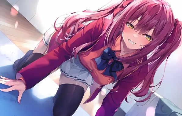 Girl, school uniform, thighhighs, red hair, long hair, legs, anime, beautiful