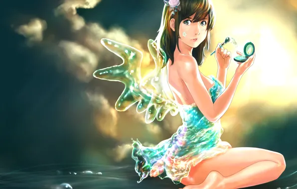 Water, girl, flowers, wings, fairy, art, brush, powder