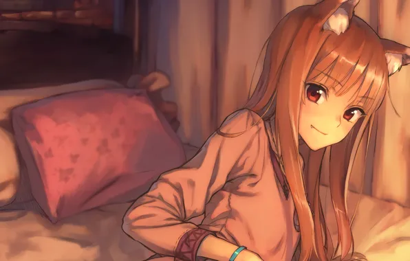 Look, pillow, red, ears, on the bed, art, Spice and Wolf, Holo