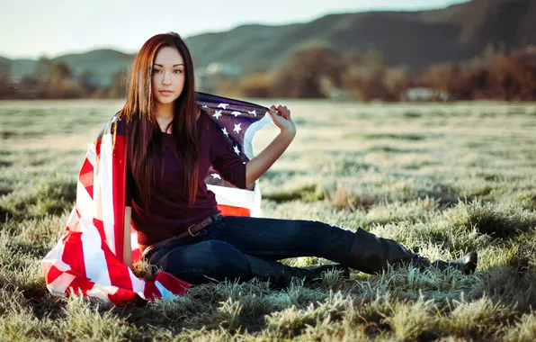 Picture field, girl, flag, day