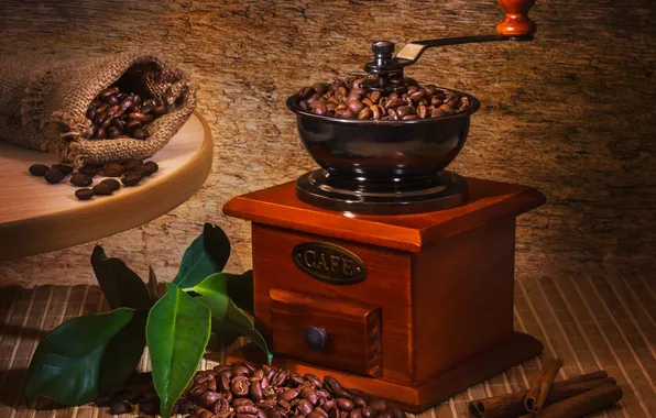 Picture table, coffee, cinnamon, leaves, grain, pouch, coffee grinder