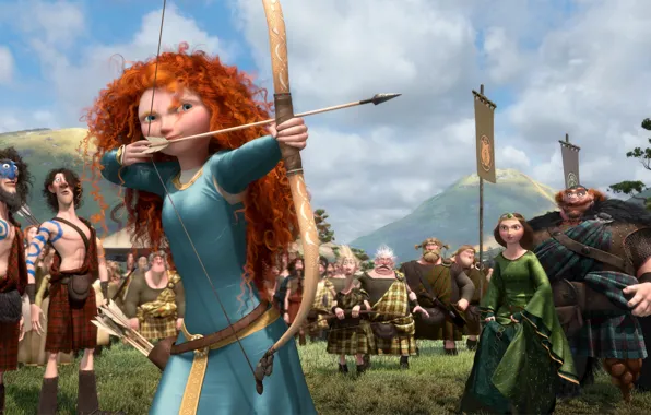 Picture cartoon, Scotland, warrior, bow, Archer, shooting, Disney, Pixar