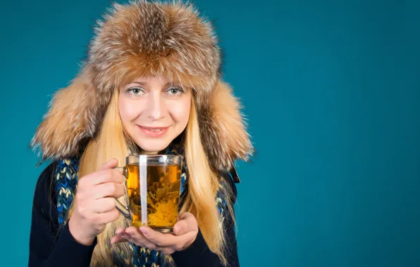 Picture look, girl, background, hat, portrait, makeup, scarf, hairstyle