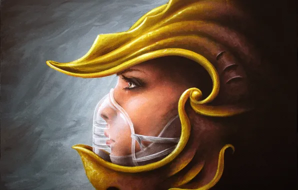 Picture girl, yellow, helmet, profile, fantastic. art