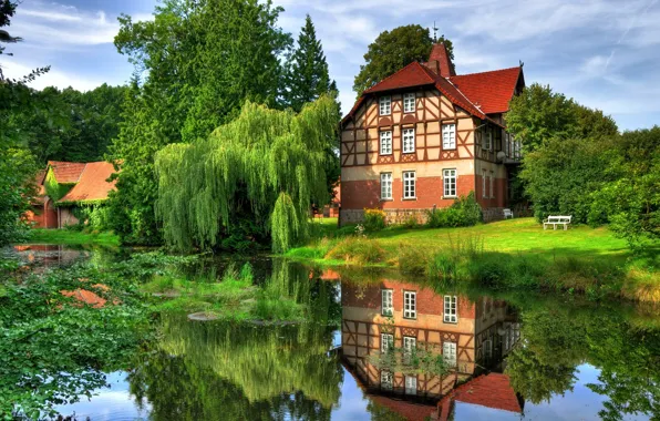 Summer, trees, reflection, river, Germany, mansion