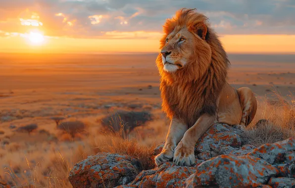 The sun, Grass, Dawn, Leo, Predator, Savannah, Digital art, Big cat