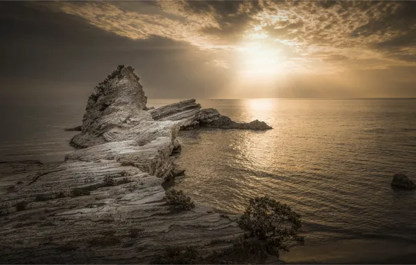 Sea, sunset, rocks