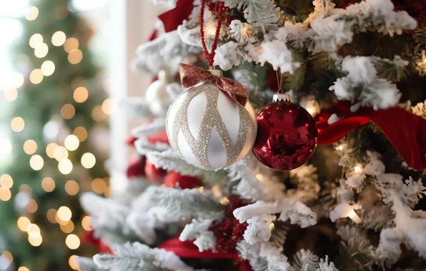 Balls, Christmas, red, New year, tree, white, herringbone, elegant