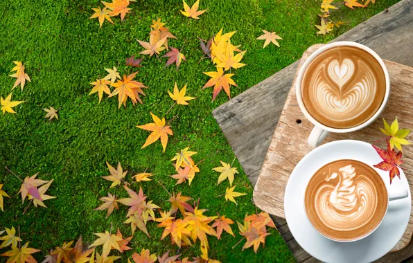 Picture autumn, grass, leaves, coffee, colorful, Cup, wood, autumn