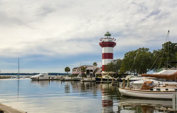 Picture river, boat, lighthouse, island, yacht, South Carolina, USA, Hilton Head