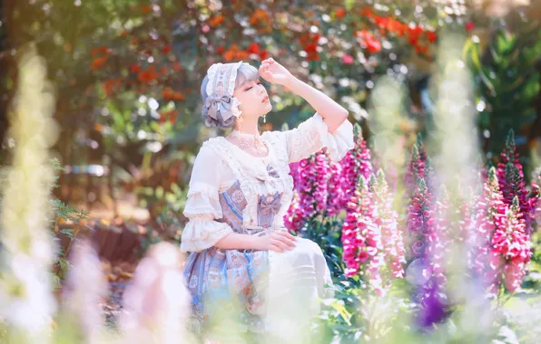 Summer, girl, light, flowers, nature, garden, dress, outfit