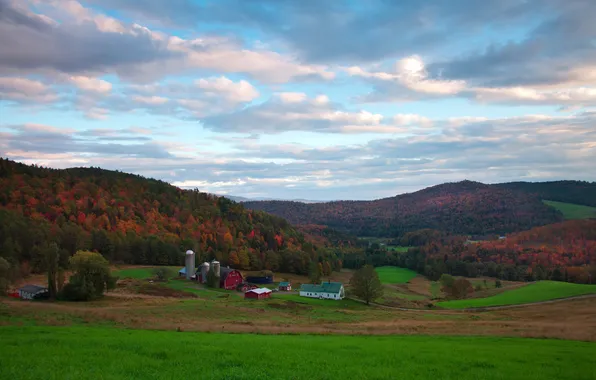 Autumn, the sky, valley, farm