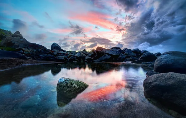 The sky, transparency, clouds, lake, reflection, sunrise, stones, boulders