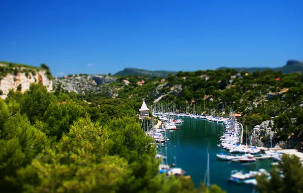 Picture animation, forest.mountains, river.yachts