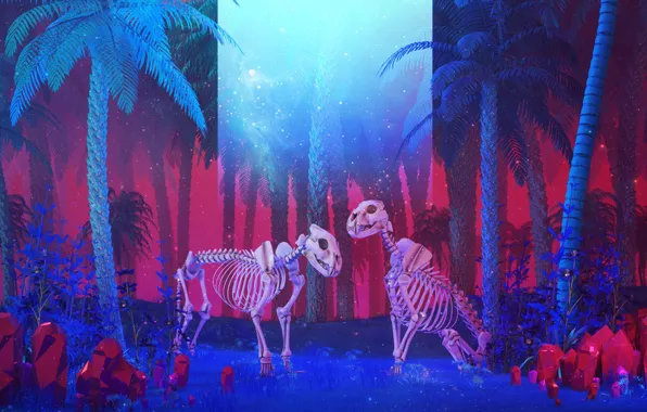 Palma, Neon, Light, Style, Palm trees, Bones, Fantasy, Animals