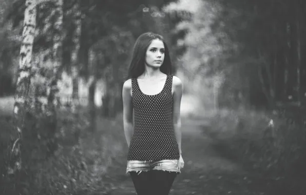 Girl, blurred background, Xenia Kokoreva, Black and white photo