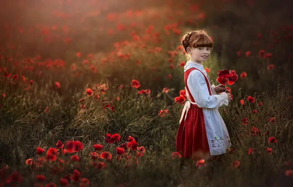 Picture flowers, Maki, meadow, girl, freckles, red, freckled
