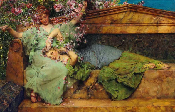 Girls, Picture, Roses, Two, Lawrence Alma-Tadema, Lawrence Alma-Tadema, British painter, In the rose garden