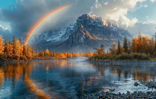 Autumn, forest, the sky, clouds, snow, mountains, lake, reflection