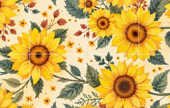 Sunflowers, flowers, tile, texture, yellow, AI art, neural network