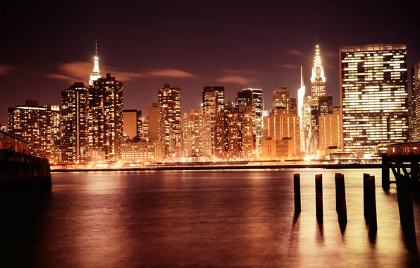Light, the city, lights, river, building, home, New York, skyscrapers