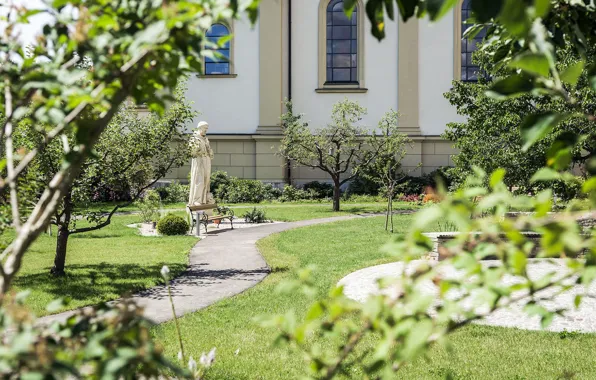 The building, track, statue, plantings, Nothing but nature