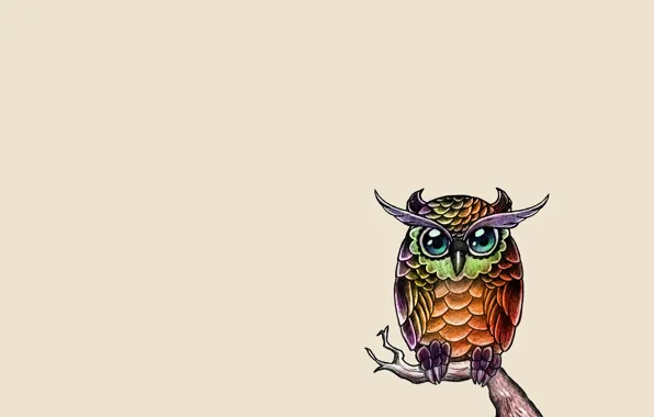 Owl, bird, paint, minimalism, branch, painting, owl