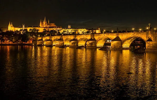Night, bridge, lights, river, Prague, Czech Republic, Vltava, St. Vitus Cathedral