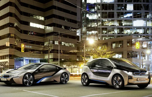 The city, lights, concept, BMW, i8, i3
