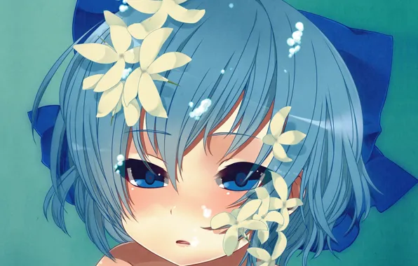 Face, under water, blue hair, Cirno, Touhou Project, Project East, white flowers, ice fairy