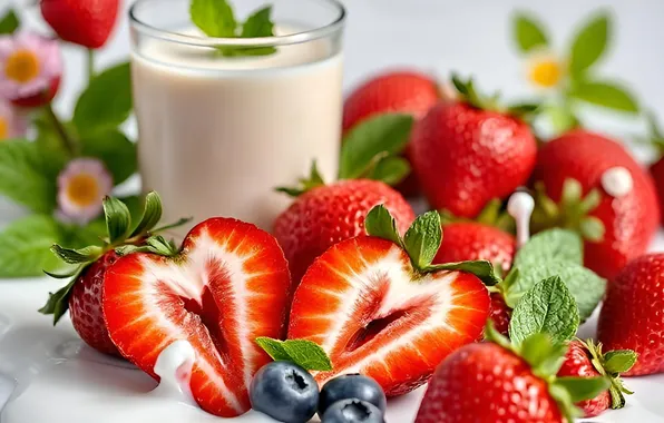 Glass, berries, milk, blueberries, strawberry, light background, AI art, neural network