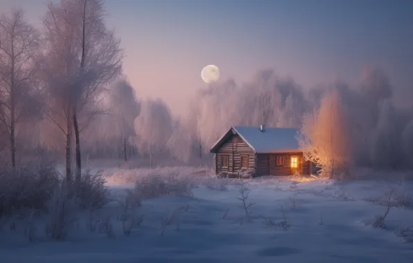 Winter, frost, field, forest, light, snow, trees, night