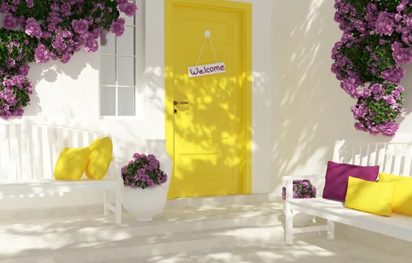 Flowers, roses, interior, the door, window, benches, vases, bouquets
