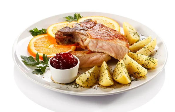 Orange, meat, jam, potatoes