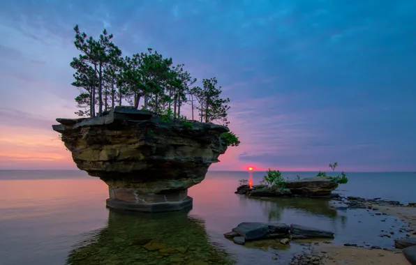 The sky, clouds, trees, sunset, nature, rock, lake, USA