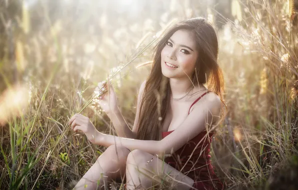 Grass, look, the sun, pose, model, portrait, hands, makeup
