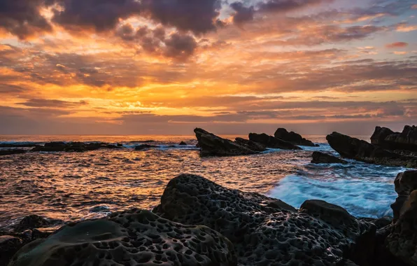 Picture sea, wave, clouds, sunset, nature, stones, rocks, shore