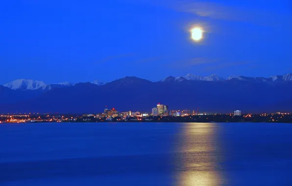 Mountains, reflection, the moon, horizon, Alaska, moon, skyline, mountains