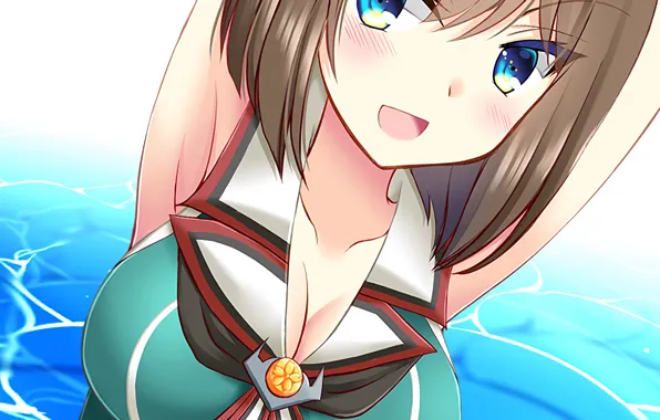 Girl, sexy, cleavage, blouse, sea, brown hair, boobs, anime