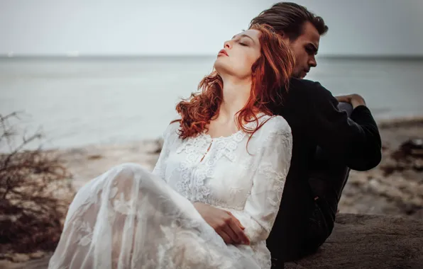 Picture sea, girl, love, nature, coast, dress, pair, male